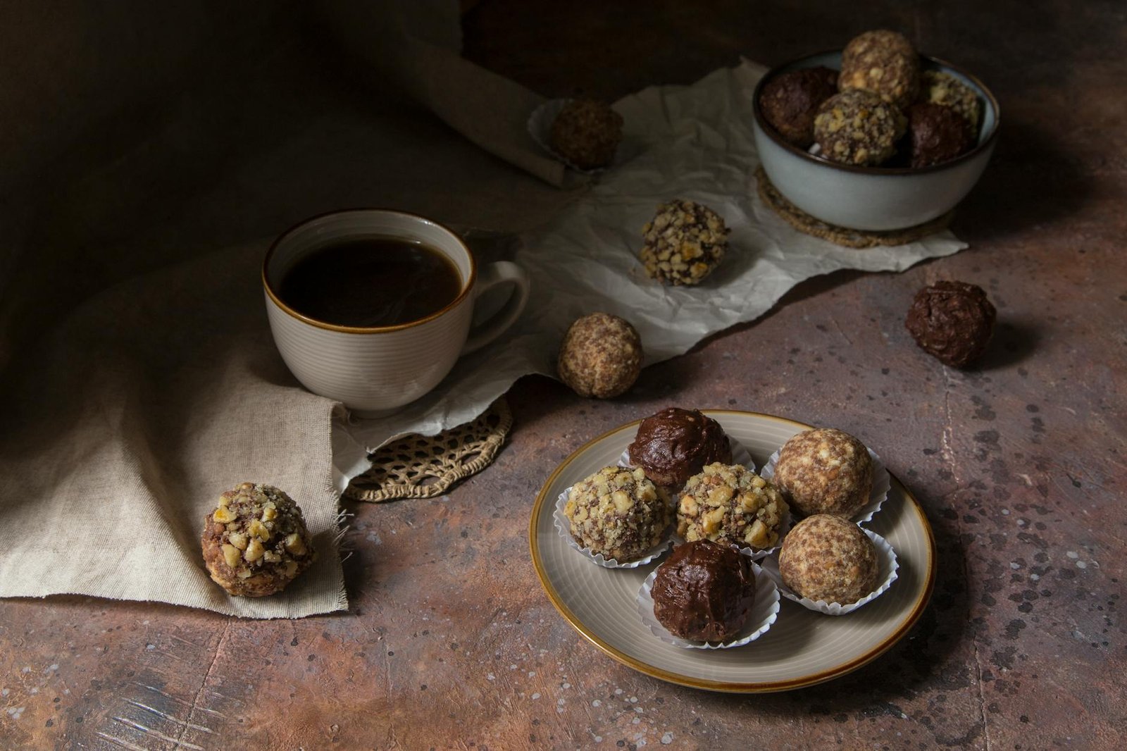 chocolate balls and coffee on the table