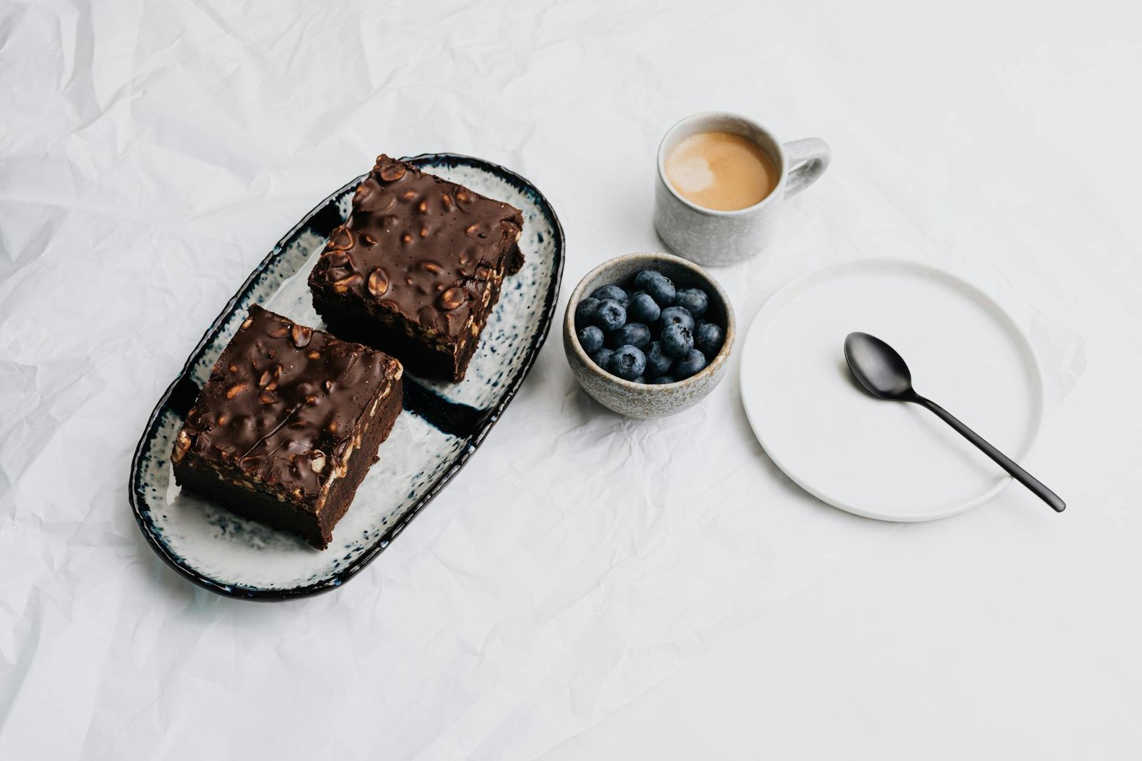 brownie cake blueberries and coffee