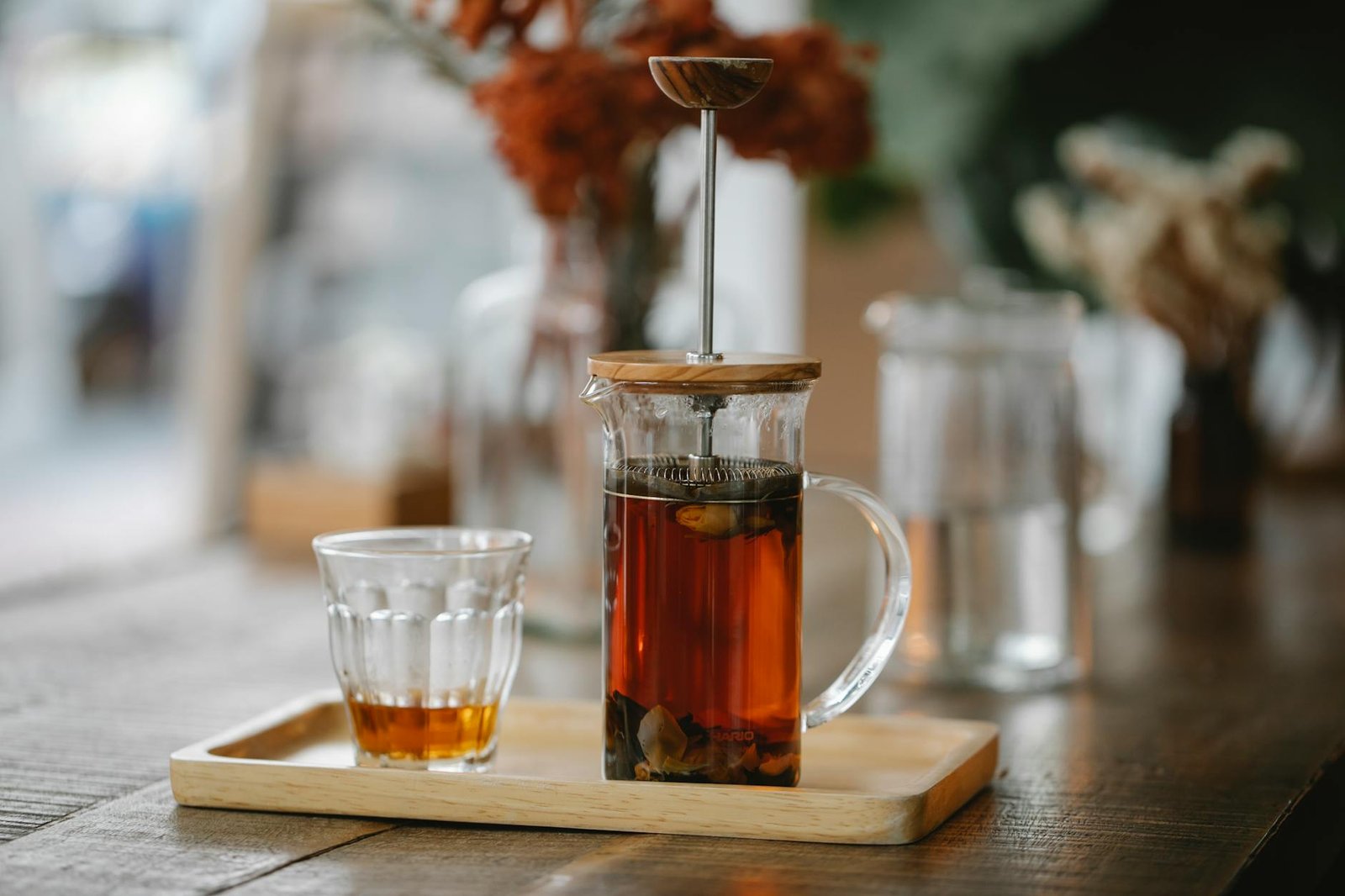 hot herbal coffee brewing in french press